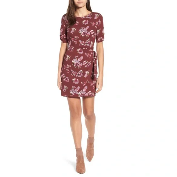 Astr | Dresses | Astr The Label Wrap Front Floral Dress In Burgundy L |  Poshmark